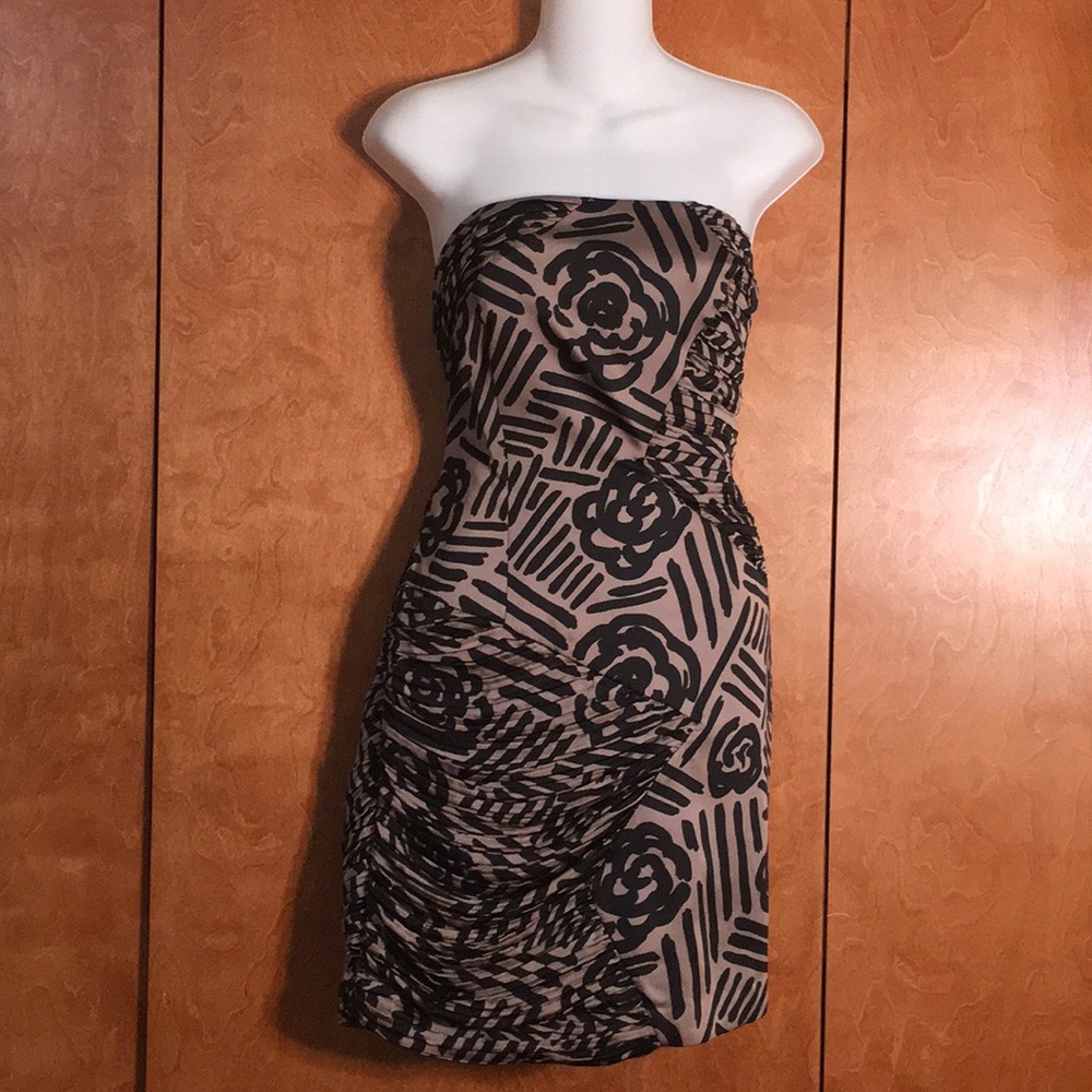 Black and Tan strapless dress with ruching.